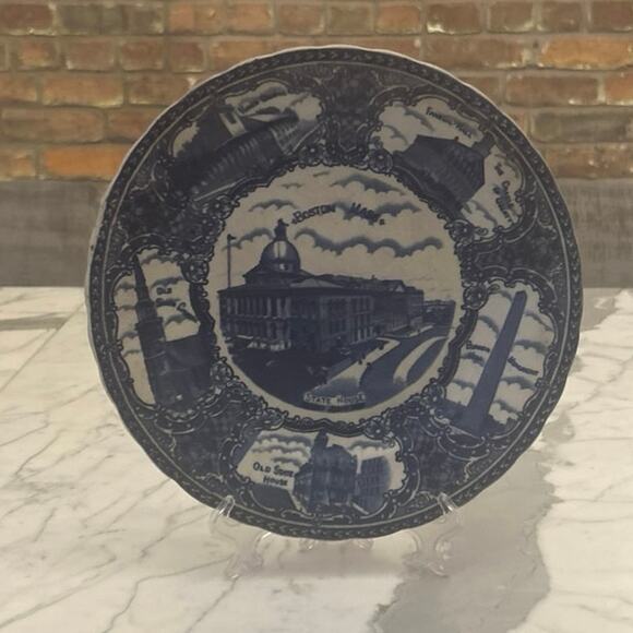 Vintage cobalt Souvenir Boston MA State House olde blue plate co Flowe Scalloped - Picture 2 of 11